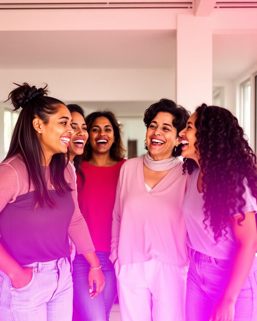 Grupo de amigas rindo juntas em um ambiente claro