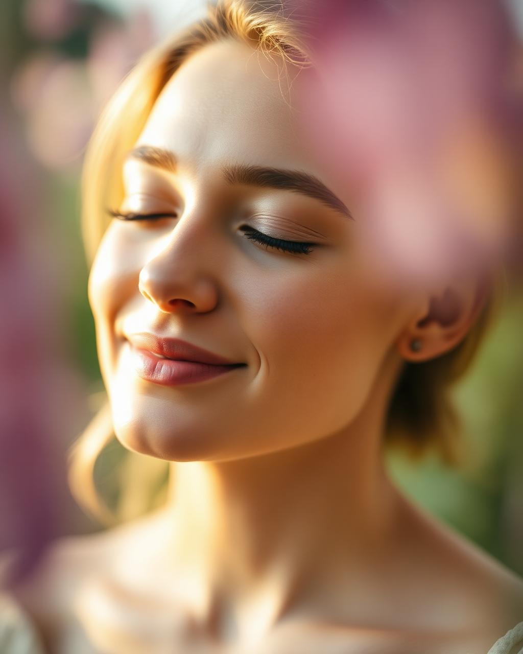 Mulher serena com olhos fechados sob a luz do sol
